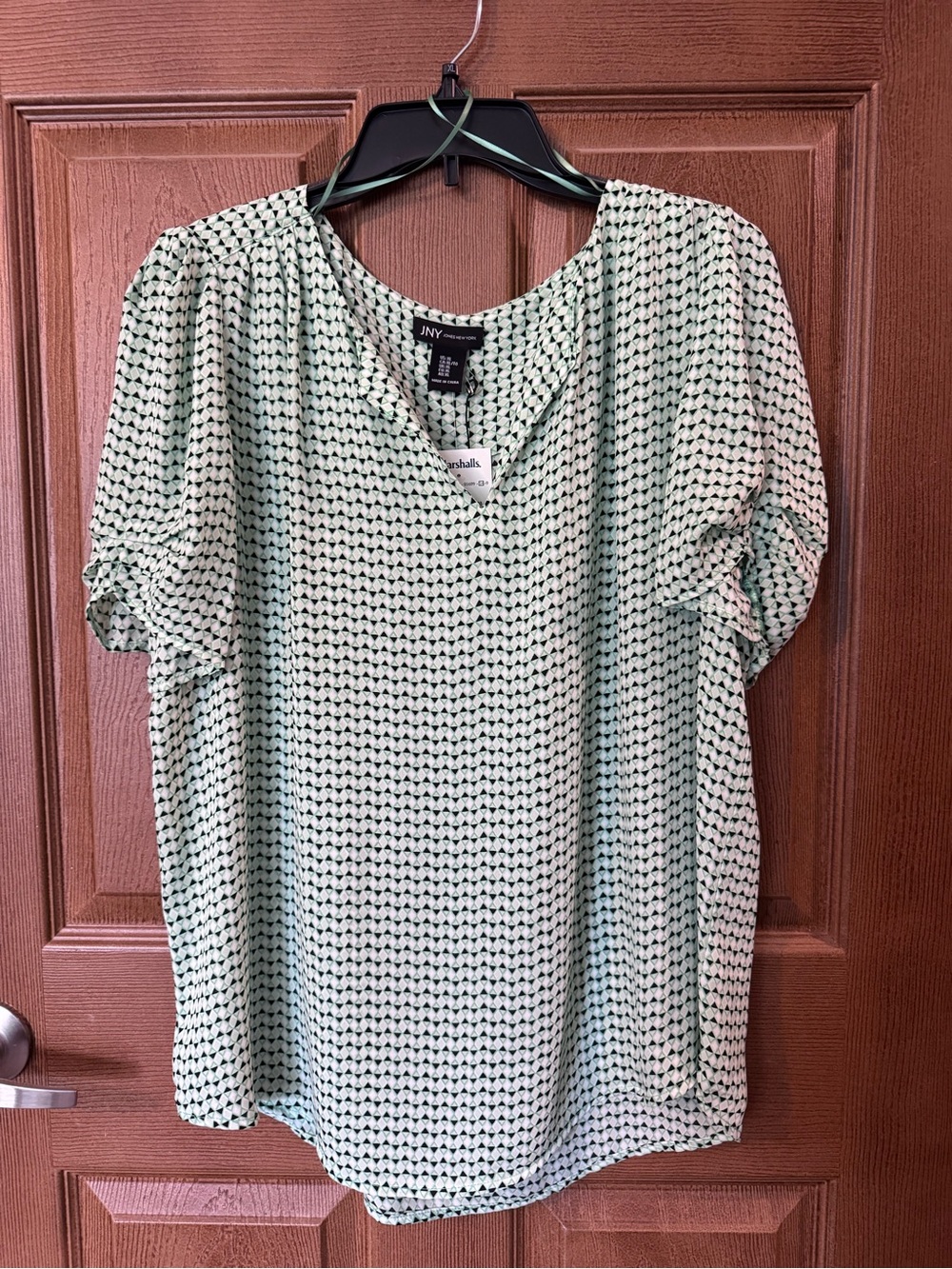 Jones New York Mint Green Geometric Print Puff Sleeve Blouse NWT Size XL